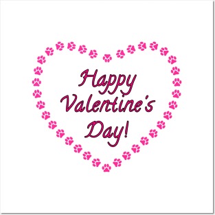 Happy Valentines Day Pink Heart Paw Print Posters and Art